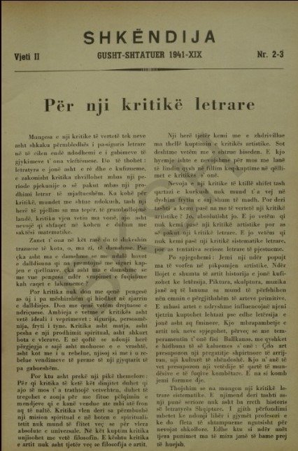 Faqja e pare e "Shkendija" ku u botua punimi i Pipes "Per nji kritike letrare.